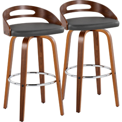 Cassis 30" Swivel Bar Stool in Walnut Wood & Grey Leatherette with Chrome Footrest (Set of 2)